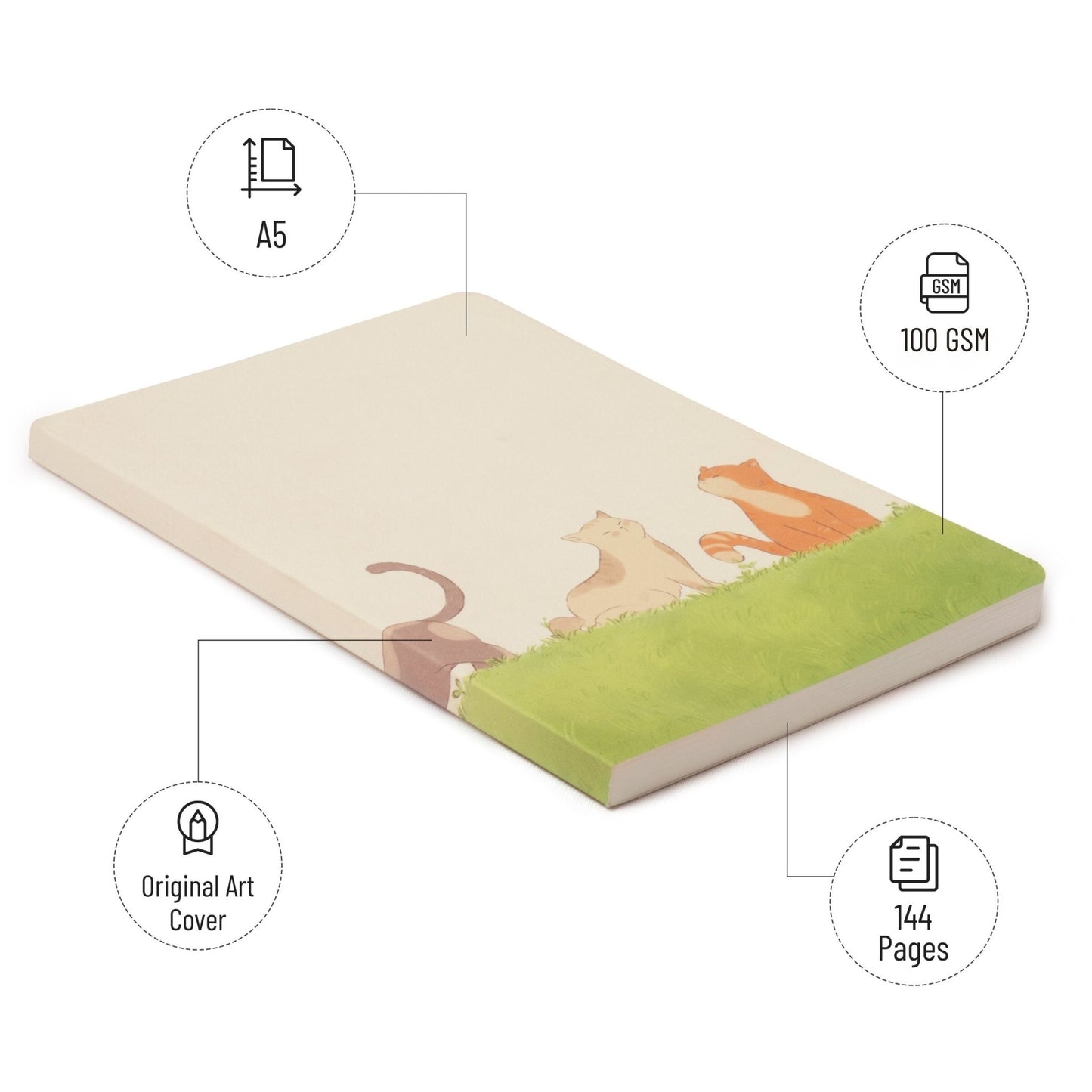 Aesthetic Journal Notebook - for Writers, Creators, Designers & Artists | Lawn Meower - Cat - theme Art Cover by Indian Artists - Petal Black Store